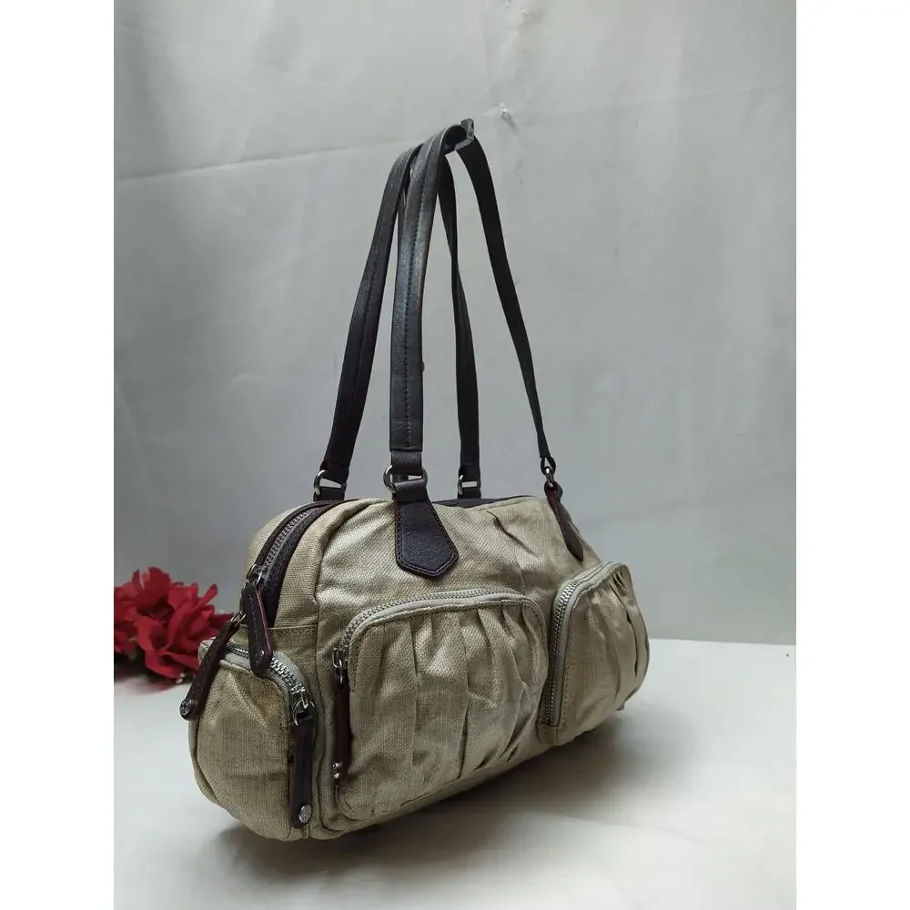 MZ Wallace Beige Leather Zipper Pockets Double Handles Satchel Shoulder Bag